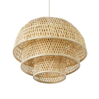 GloboStar® HIROKA 01836 Boho Κρεμαστό Φωτιστικό Οροφής Μονόφωτο 1 x E27 AC220-240V IP20 - Φ60 x Υ50cm - Μπεζ Ξύλινο Μπαμπού Πλέγμα - 5 Χρόνια Εγγύηση