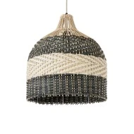 Boho Κρεμαστό Φωτιστικό BARBADOS Μονόφωτο 1 x E27 AC220-240V IP20 - Φ40 x Υ45cm - Μπεζ με Χακί Ξύλινο Μπαμπού Πλέγμα Καμπάνα