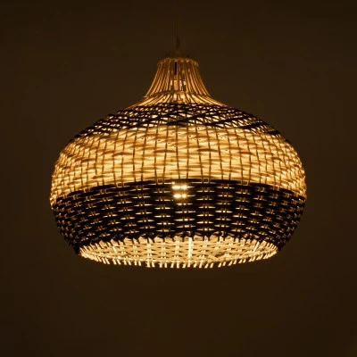 GloboStar® BARBADOS 01946 Boho Κρεμαστό Φωτιστικό Καμπάνα Μονόφωτο 1 x E27 IP20 Μπεζ & Χακί Ξύλο - Μ40 x Π40 x Υ34cm
