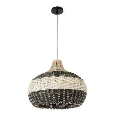 GloboStar® BARBADOS 01946 Boho Κρεμαστό Φωτιστικό Καμπάνα Μονόφωτο 1 x E27 IP20 Μπεζ & Χακί Ξύλο - Μ40 x Π40 x Υ34cm
