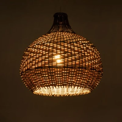 GloboStar® SEYCHELLES 01948 Boho Κρεμαστό Φωτιστικό Καμπάνα Μονόφωτο 1 x E27 IP20 Μπεζ, Χακί & Καφέ Ξύλο - Μ40 x Π40 x Υ40cm