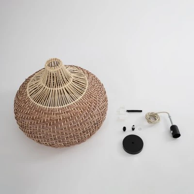 GloboStar® PANAMA 01952 Boho Κρεμαστό Φωτιστικό Καμπάνα Μονόφωτο 1 x E27 IP20 Καφέ & Μπεζ Ξύλο - Μ40 x Π40 x Υ34cm
