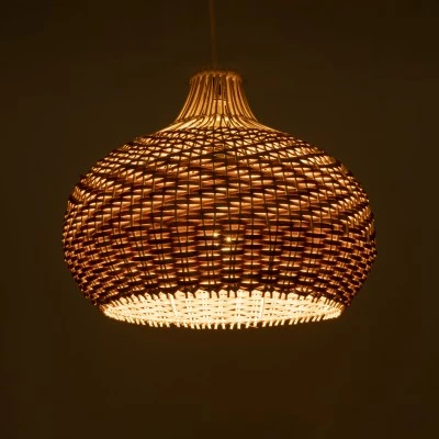 GloboStar® PANAMA 01952 Boho Κρεμαστό Φωτιστικό Καμπάνα Μονόφωτο 1 x E27 IP20 Καφέ & Μπεζ Ξύλο - Μ40 x Π40 x Υ34cm
