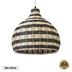 Boho Κρεμαστό Φωτιστικό JAMAICA Μονόφωτο 1 x E27 AC220-240V IP20 - Φ40 x Υ37cm - Μπεζ με Χακί Ξύλινο Μπαμπού Πλέγμα Καμπάνα