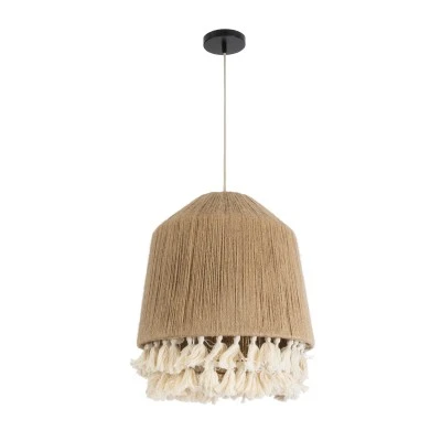 GloboStar® PUERTORICO 02092 Boho Κρεμαστό Φωτιστικό Καμπάνα Μονόφωτο 1 x E27 IP20 Μπεζ & Λευκό Σχοινί - Μ40 x Π40 x Υ45cm