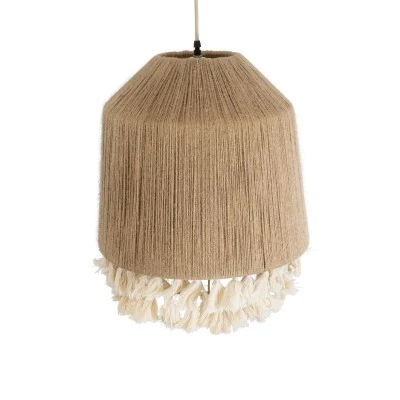 GloboStar® PUERTORICO 02092 Boho Κρεμαστό Φωτιστικό Καμπάνα Μονόφωτο 1 x E27 IP20 Μπεζ & Λευκό Σχοινί - Μ40 x Π40 x Υ45cm