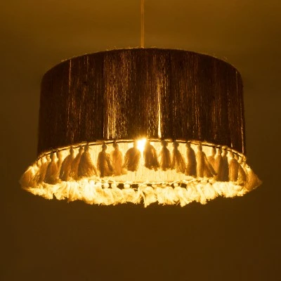 GloboStar® PUERTORICO 02094 Boho Κρεμαστό Φωτιστικό Καπέλο Μονόφωτο 1 x E27 IP20 Μπεζ & Λευκό Σχοινί - Μ50 x Π50 x Υ27cm