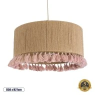Boho Κρεμαστό Φωτιστικό PUERTORICO Μονόφωτο 1 x E27 AC220-240V IP20 - Φ50 x Υ27cm - Μπεζ με Ροζ Λεπτό Νήμα Πλέγμα Βαμβακερό Καπέλο