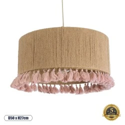 Boho Κρεμαστό Φωτιστικό PUERTORICO Μονόφωτο 1 x E27 AC220-240V IP20 - Φ50 x Υ27cm - Μπεζ με Ροζ Λεπτό Νήμα Πλέγμα Βαμβακερό Καπέλο