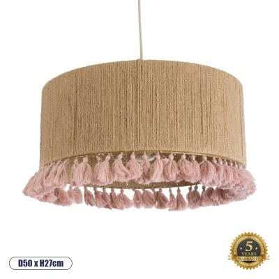 GloboStar® PUERTORICO 02096 Boho Κρεμαστό Φωτιστικό Οροφής Μονόφωτο 1 x E27 AC220-240V IP20 - Φ50 x Υ27cm - Μπεζ με Ροζ Λεπτό Νήμα Πλέγμα Βαμβακερό Καπέλο - 5 Χρόνια Εγγύηση