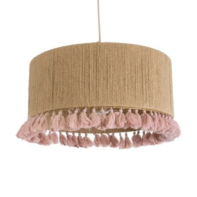 GloboStar® PUERTORICO 02096 Boho Κρεμαστό Φωτιστικό Οροφής Μονόφωτο 1 x E27 AC220-240V IP20 - Φ50 x Υ27cm - Μπεζ με Ροζ Λεπτό Νήμα Πλέγμα Βαμβακερό Καπέλο - 5 Χρόνια Εγγύηση