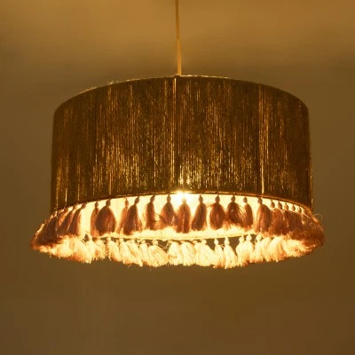 GloboStar® PUERTORICO 02096 Boho Κρεμαστό Φωτιστικό Οροφής Μονόφωτο 1 x E27 AC220-240V IP20 - Φ50 x Υ27cm - Μπεζ με Ροζ Λεπτό Νήμα Πλέγμα Βαμβακερό Καπέλο - 5 Χρόνια Εγγύηση