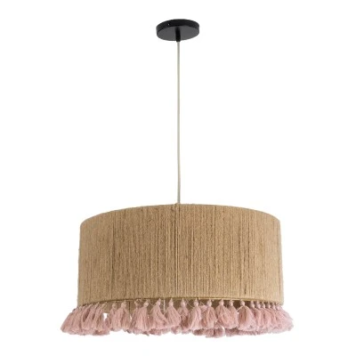 GloboStar® PUERTORICO 02096 Boho Κρεμαστό Φωτιστικό Οροφής Μονόφωτο 1 x E27 AC220-240V IP20 - Φ50 x Υ27cm - Μπεζ με Ροζ Λεπτό Νήμα Πλέγμα Βαμβακερό Καπέλο - 5 Χρόνια Εγγύηση