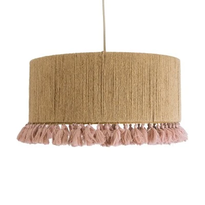 GloboStar® PUERTORICO 02096 Boho Κρεμαστό Φωτιστικό Οροφής Μονόφωτο 1 x E27 AC220-240V IP20 - Φ50 x Υ27cm - Μπεζ με Ροζ Λεπτό Νήμα Πλέγμα Βαμβακερό Καπέλο - 5 Χρόνια Εγγύηση