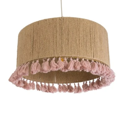 GloboStar® PUERTORICO 02096 Boho Κρεμαστό Φωτιστικό Οροφής Μονόφωτο 1 x E27 AC220-240V IP20 - Φ50 x Υ27cm - Μπεζ με Ροζ Λεπτό Νήμα Πλέγμα Βαμβακερό Καπέλο - 5 Χρόνια Εγγύηση