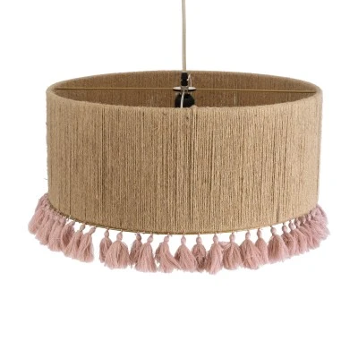 GloboStar® PUERTORICO 02096 Boho Κρεμαστό Φωτιστικό Οροφής Μονόφωτο 1 x E27 AC220-240V IP20 - Φ50 x Υ27cm - Μπεζ με Ροζ Λεπτό Νήμα Πλέγμα Βαμβακερό Καπέλο - 5 Χρόνια Εγγύηση