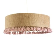 Boho Κρεμαστό Φωτιστικό PUERTORICO Τρίφωτο 3 x E27 AC220-240V IP20 - Φ80 x Υ27cm - Μπεζ με Ροζ Λεπτό Νήμα Πλέγμα Βαμβακερό Καπέλο