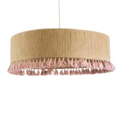 Boho Κρεμαστό Φωτιστικό PUERTORICO Τρίφωτο 3 x E27 AC220-240V IP20 - Φ80 x Υ27cm - Μπεζ με Ροζ Λεπτό Νήμα Πλέγμα Βαμβακερό Καπέλο
