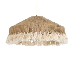 Boho Κρεμαστό Φωτιστικό PUERTORICO Μονόφωτο 1 x E27 AC220-240V IP20 - Φ50 x Υ25cm - Μπεζ με Λευκό Λεπτό Νήμα Πλέγμα Βαμβακερό Καπέλο