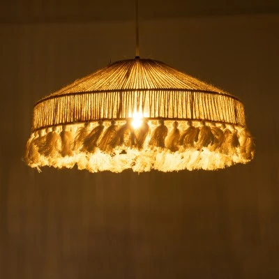 GloboStar® PUERTORICO 02098 Boho Κρεμαστό Φωτιστικό Καμπάνα Μονόφωτο 1 x E27 IP20 Μπεζ & Λευκό Σχοινί - Μ50 x Π50 x Υ25cm