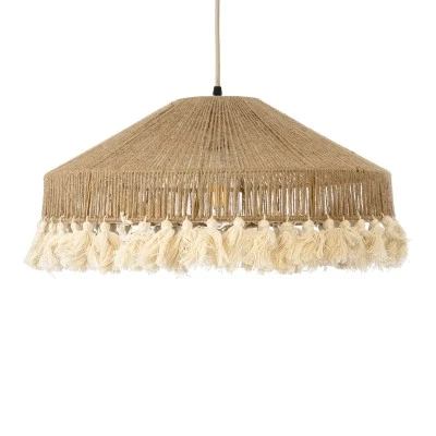 GloboStar® PUERTORICO 02098 Boho Κρεμαστό Φωτιστικό Καμπάνα Μονόφωτο 1 x E27 IP20 Μπεζ & Λευκό Σχοινί - Μ50 x Π50 x Υ25cm