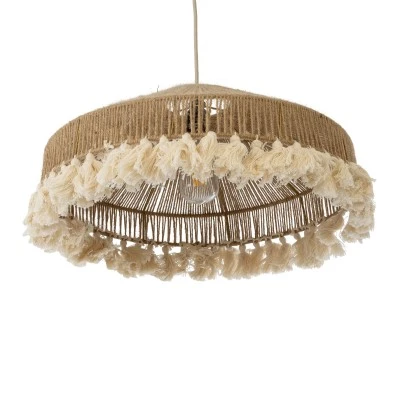 GloboStar® PUERTORICO 02098 Boho Κρεμαστό Φωτιστικό Καμπάνα Μονόφωτο 1 x E27 IP20 Μπεζ & Λευκό Σχοινί - Μ50 x Π50 x Υ25cm