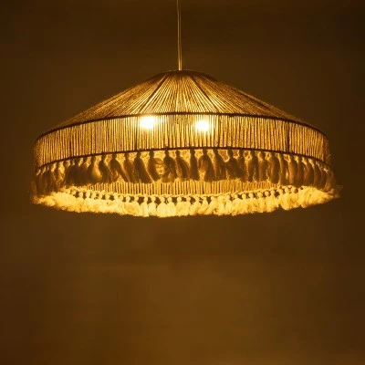 GloboStar® PUERTORICO 02099 Boho Κρεμαστό Φωτιστικό Καμπάνα Τριφωτο 3 x E27 IP20 Μπεζ & Λευκό Σχοινί - Μ80 x Π80 x Υ35cm