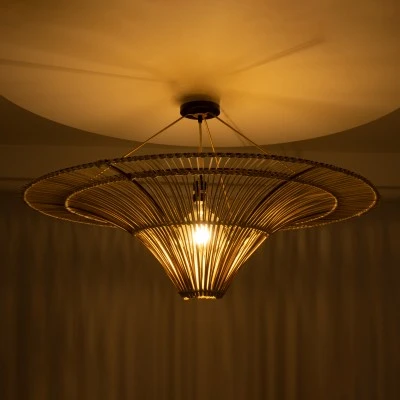 GloboStar® PALERMO 02153 Boho Φωτιστικό Οροφής Πλέγμα Μονόφωτο 1 x E27 IP20 Μπεζ Ξύλο - Μ100 x Π100 x Υ55cm