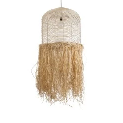 Boho Κρεμαστό Φωτιστικό BASSETERRE  Μονόφωτο 1 x E27 AC220-240V IP20 - Φ70 x Υ170cm - Μπεζ Ξύλινο με Μπεζ Καφέ Φυσική Ράφια Νήμα Πλέγμα Καμπάνα