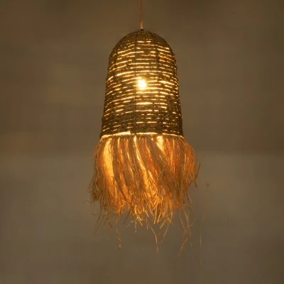 GloboStar® PORTOFERRAIO 02170 Boho Κρεμαστό Φωτιστικό Πλέγμα Μονόφωτο 1 x E27 IP20 Μπεζ Ράφια - Μ30 x Π30 x Υ70cm