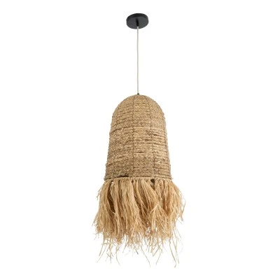 GloboStar® PORTOFERRAIO 02170 Boho Κρεμαστό Φωτιστικό Πλέγμα Μονόφωτο 1 x E27 IP20 Μπεζ Ράφια - Μ30 x Π30 x Υ70cm