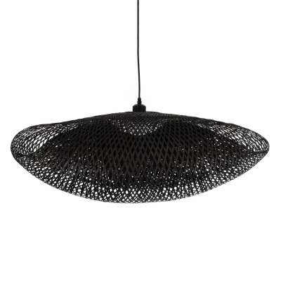 GloboStar® MEXICO 02202 Boho Κρεμαστό Φωτιστικό Πλέγμα Μονόφωτο 1 x E27 IP20 Μαύρο Ξύλο - Μ85 x Π50 x Υ30cm