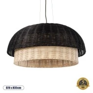 Boho Κρεμαστό Φωτιστικό CORSICA  Μονόφωτο 1 x E27 AC220-240V IP20 - Φ70 x Υ35cm - Μαύρο Μπεζ Ξύλινο Μπαμπού Πλέγμα Καμπάνα