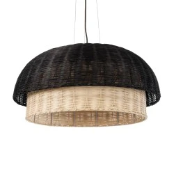 Boho Κρεμαστό Φωτιστικό CORSICA  Μονόφωτο 1 x E27 AC220-240V IP20 - Φ70 x Υ35cm - Μαύρο Μπεζ Ξύλινο Μπαμπού Πλέγμα Καμπάνα