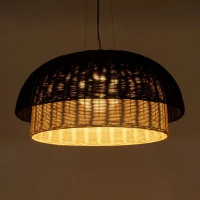 GloboStar® CORSICA 02216 Boho Κρεμαστό Φωτιστικό Καμπάνα Μονόφωτο 1 x E27 IP20 Μαύρο & Μπεζ Ξύλο - Μ70 x Π70 x Υ35cm