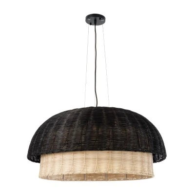 GloboStar® CORSICA 02216 Boho Κρεμαστό Φωτιστικό Καμπάνα Μονόφωτο 1 x E27 IP20 Μαύρο & Μπεζ Ξύλο - Μ70 x Π70 x Υ35cm