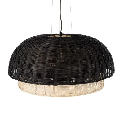 GloboStar® CORSICA 02216 Boho Κρεμαστό Φωτιστικό Καμπάνα Μονόφωτο 1 x E27 IP20 Μαύρο & Μπεζ Ξύλο - Μ70 x Π70 x Υ35cm