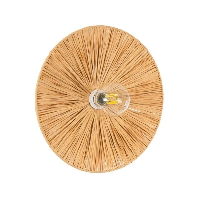 GloboStar® COLOMBO 02277 Boho Φωτιστικό Τοίχου - Απλίκα Μονόφωτο 1 x E27 AC 220-240V IP20 - Φ40 x Υ4.5cm - Μπεζ Καφέ Φυσική Ράφια Άχυρο Πλέγμα