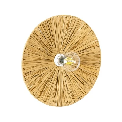 GloboStar® COLOMBO 02283 Boho Φωτιστικό Τοίχου - Απλίκα Μονόφωτο 1 x E27 AC 220-240V IP20 - Φ40 x Υ4.5cm - Μπεζ Καφέ Φυσική Ράφια Άχυρο Πλέγμα