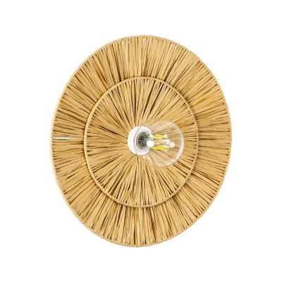 GloboStar® COLOMBO 02284 Boho Φωτιστικό Τοίχου - Απλίκα Μονόφωτο 1 x E27 AC 220-240V IP20 - Φ40 x Υ4.5cm - Μπεζ Καφέ Φυσική Ράφια Άχυρο Πλέγμα