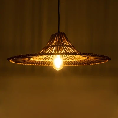 Boho Κρεμαστό Φωτιστικό PALERMO Μονόφωτο 1 x E27 AC220-240V IP20 - Φ60 x Υ18cm - Μπεζ Καφέ Ξύλινο Μπαμπού Πλέγμα GloboStar® PALERMO 02310 Boho Κρεμαστό Φωτιστικό Πλέγμα Μονόφωτο 1 x E27 IP20 Καφέ Ξύλο - Μ60 x Π60 x Υ18cm