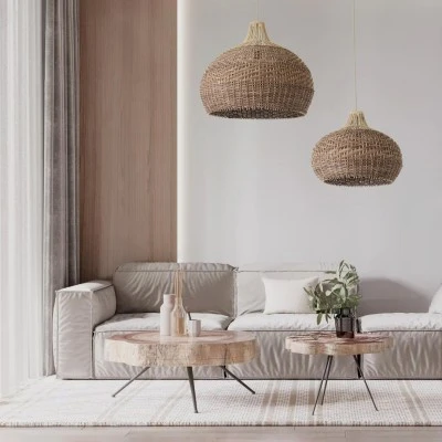 GloboStar® PANAMA 01952 Boho Κρεμαστό Φωτιστικό Καμπάνα Μονόφωτο 1 x E27 IP20 Καφέ & Μπεζ Ξύλο - Μ40 x Π40 x Υ34cm