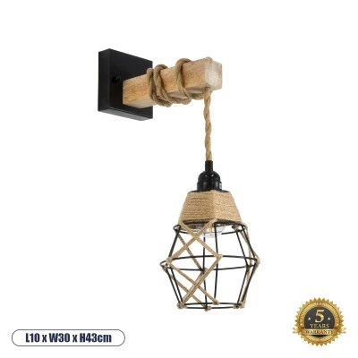 Φωτιστικό απλίκα τοίχου BELLARIVA Boho 1xE27 με διάσταση Μ10 x Π30 x Υ43cm μαύρο μεταλλικό με ξύλο & μπεζ σχοινί GloboStar® BELLARIVA 01961 Boho Φωτιστικό Τοίχου - Απλίκα Μονόφωτο 1 x E27 AC 220-240V IP20 - Μ10 x Π30 x Υ43cm - Μαύρο Μεταλλικό με Ξύλο και Μπεζ Σχοινί Πλεγμα - 5 Χρόνια Εγγύηση