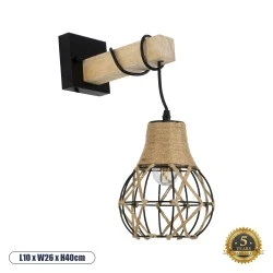 Φωτιστικό Boho επιτοίχιο απλίκα μονόφωτο 1 x E27 IP20 μαύρο μέταλλο μπεζ σχοινί με μπεζ ξύλο με διάσταση Μ10 x Π26 x Υ40cm