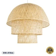 Boho Κρεμαστό Φωτιστικό HIROKA Μονόφωτο 1 x E27 AC220-240V IP20 - Φ100 x Υ110cm - Μπεζ Ξύλινο Μπαμπού Πλέγμα Καμπάνα