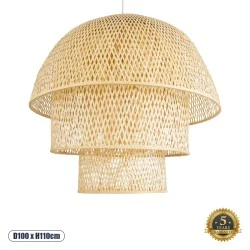 Boho Κρεμαστό Φωτιστικό HIROKA Μονόφωτο 1 x E27 AC220-240V IP20 - Φ100 x Υ110cm - Μπεζ Ξύλινο Μπαμπού Πλέγμα Καμπάνα