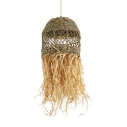 Boho Κρεμαστό Φωτιστικό SAINTLUCIA Μονόφωτο 1 x E27 AC220-240V IP20 - Φ30 x Υ90cm - Χακί Σχοινί με Μπεζ Φυσική Ράφια Νήμα Πλεγμα Καμπάνα