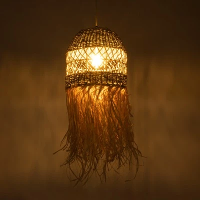 GloboStar® SAINTLUCIA 02160 Boho Κρεμαστό Φωτιστικό Πλέγμα Μονόφωτο 1 x E27 IP20 Καφέ Ράφια - Μ30 x Π30 x Υ90cm