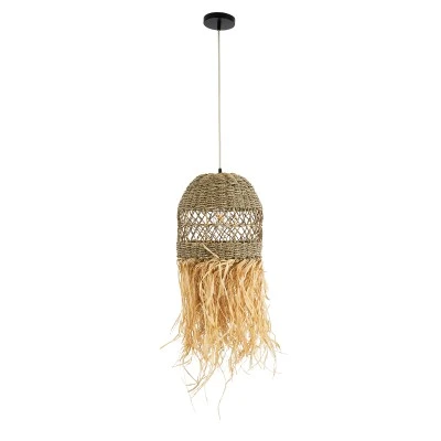 GloboStar® SAINTLUCIA 02160 Boho Κρεμαστό Φωτιστικό Πλέγμα Μονόφωτο 1 x E27 IP20 Καφέ Ράφια - Μ30 x Π30 x Υ90cm