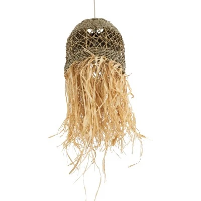 GloboStar® SAINTLUCIA 02160 Boho Κρεμαστό Φωτιστικό Πλέγμα Μονόφωτο 1 x E27 IP20 Καφέ Ράφια - Μ30 x Π30 x Υ90cm